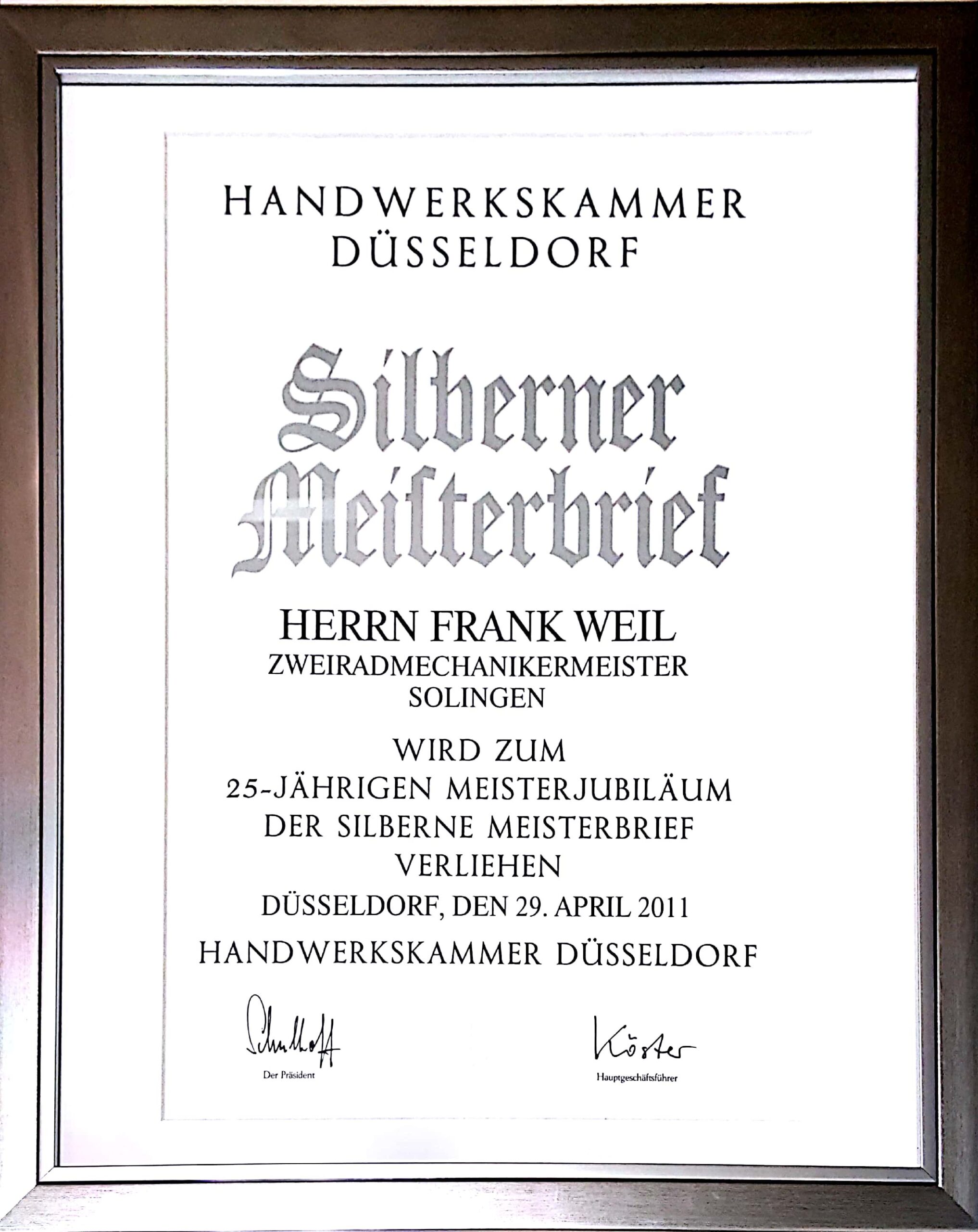 Auszeichnung „Silberner Meisterbrief“ für Frank Weil